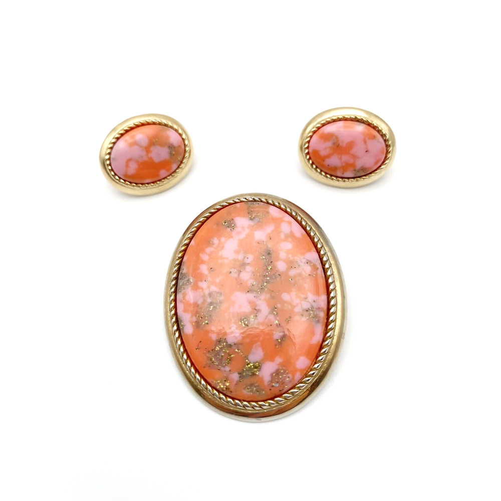 Vintage Sarah Coventry Coraline Confetti Orange PInk Gold Brooch Earring Set 70s
